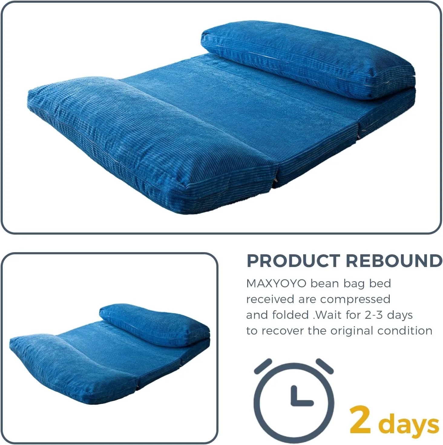 MAXYOYO Bean Bag Bed Folding Sofa Bed Floor Mattress for Adults, Extra Thick and Long Floor Sofa with Corded Washable Cover, Blue