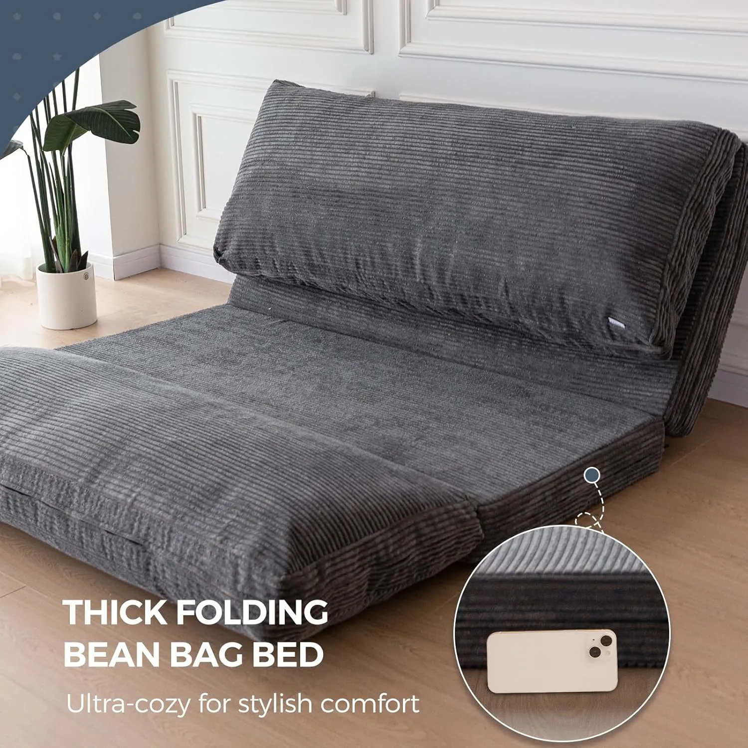 MAXYOYO Bean Bag Bed Folding Sofa Bed Floor Mattress for Adults, Extra Thick and Long Floor Sofa with Corded Washable Cover, Dark Grey, 30x95 Inch