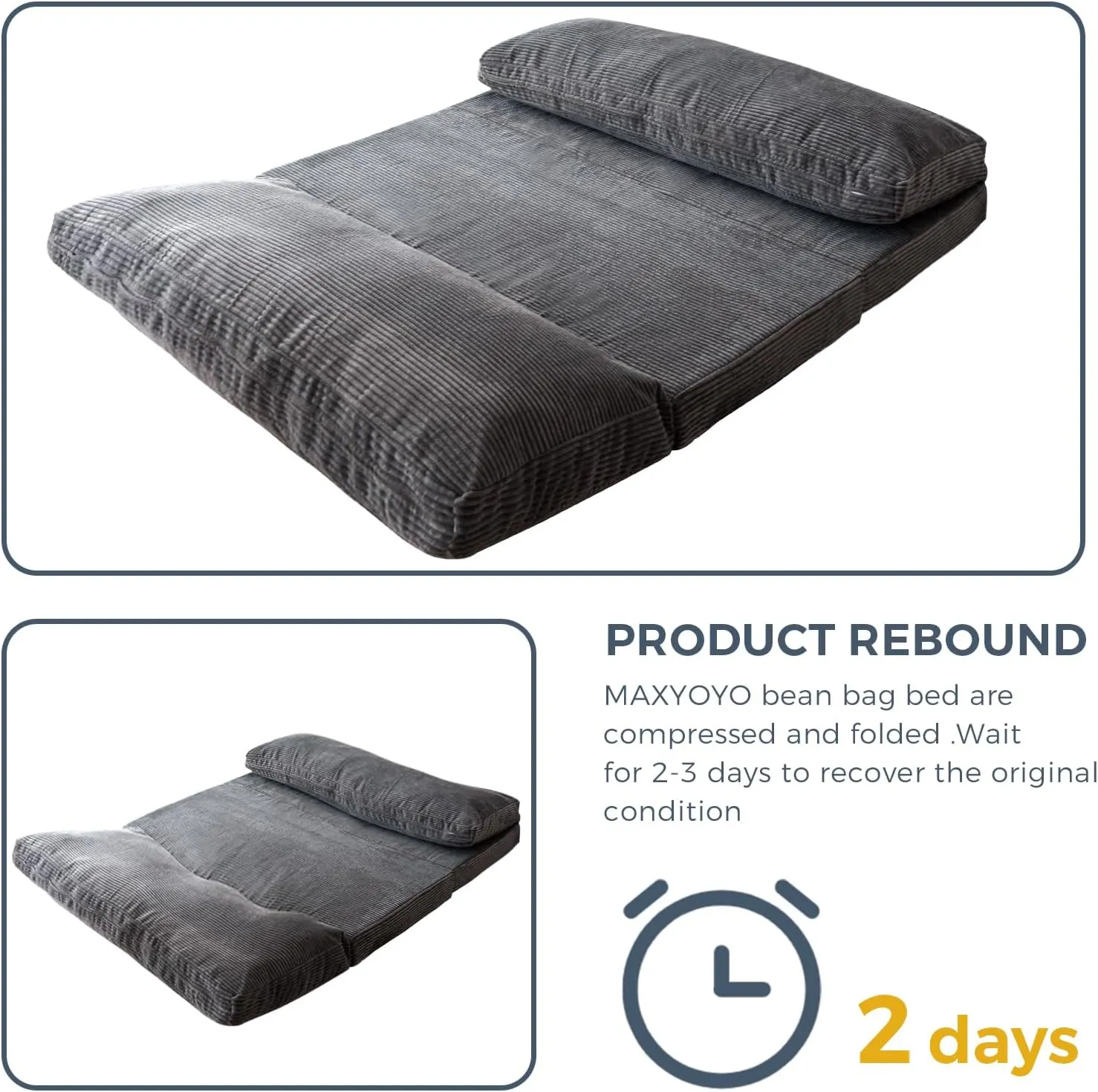 MAXYOYO Bean Bag Bed Folding Sofa Bed Floor Mattress for Adults, Extra Thick and Long Floor Sofa with Corded Washable Cover, Dark Grey, 30x95 Inch