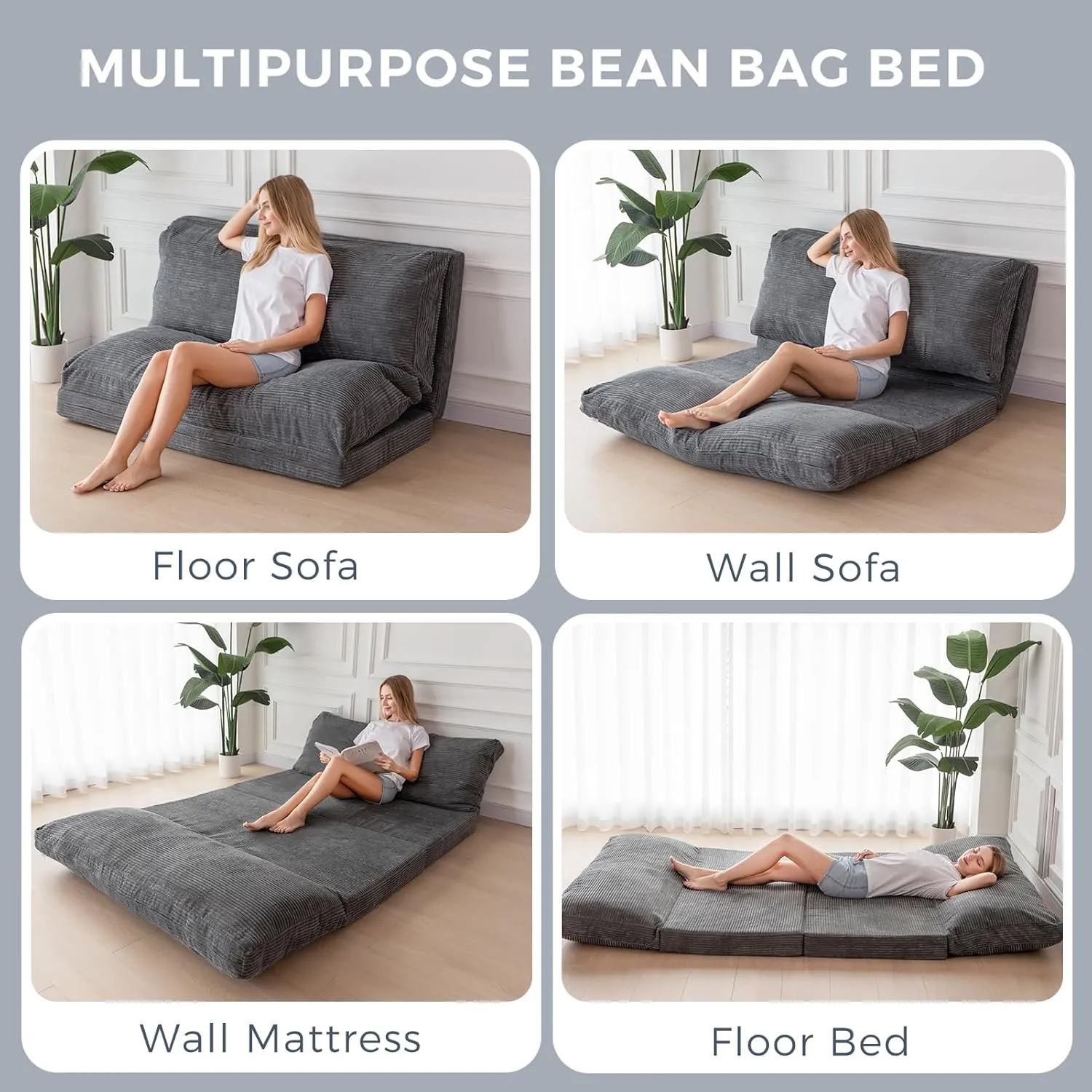 MAXYOYO Bean Bag Bed Folding Sofa Bed Floor Mattress for Adults, Extra Thick and Long Floor Sofa with Corded Washable Cover, Dark Grey, 30x95 Inch