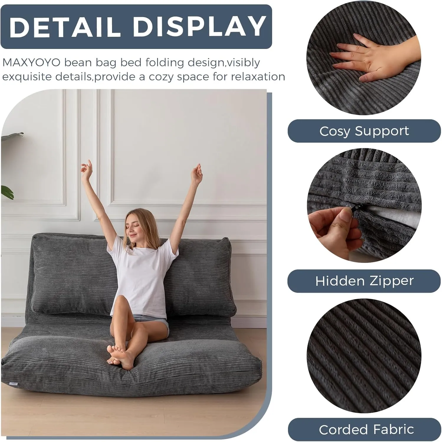 MAXYOYO Bean Bag Bed Folding Sofa Bed Floor Mattress for Adults, Extra Thick and Long Floor Sofa with Corded Washable Cover, Dark Grey, 30x95 Inch