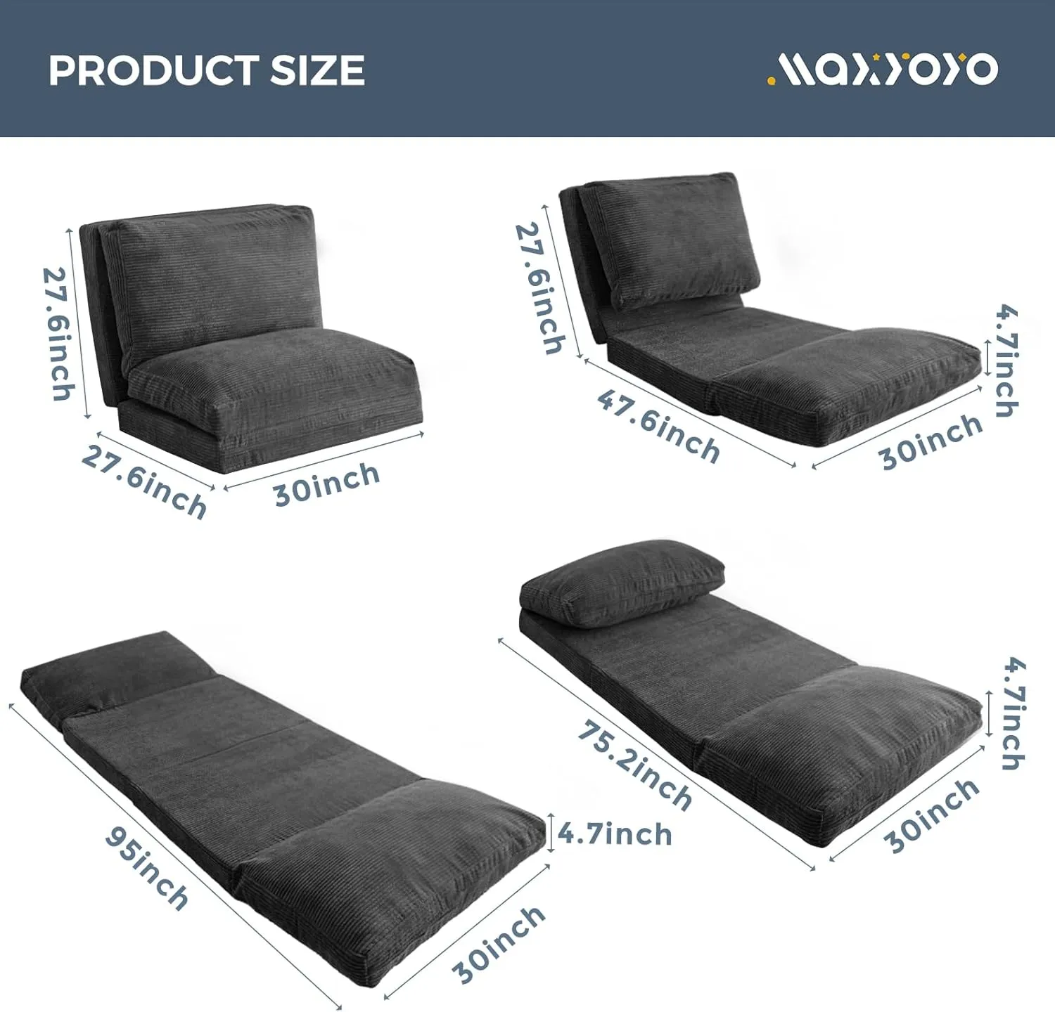 MAXYOYO Bean Bag Bed Folding Sofa Bed Floor Mattress for Adults, Extra Thick and Long Floor Sofa with Corded Washable Cover, Dark Grey, 30x95 Inch