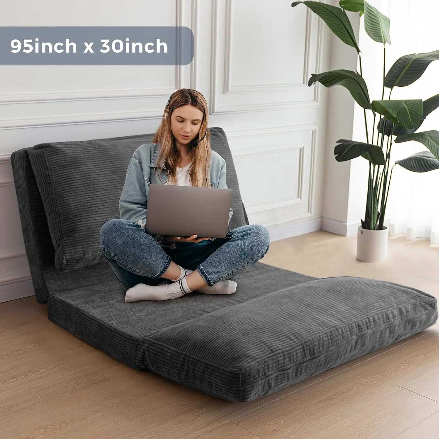 MAXYOYO Bean Bag Bed Folding Sofa Bed Floor Mattress for Adults, Extra Thick and Long Floor Sofa with Corded Washable Cover, Dark Grey, 30x95 Inch