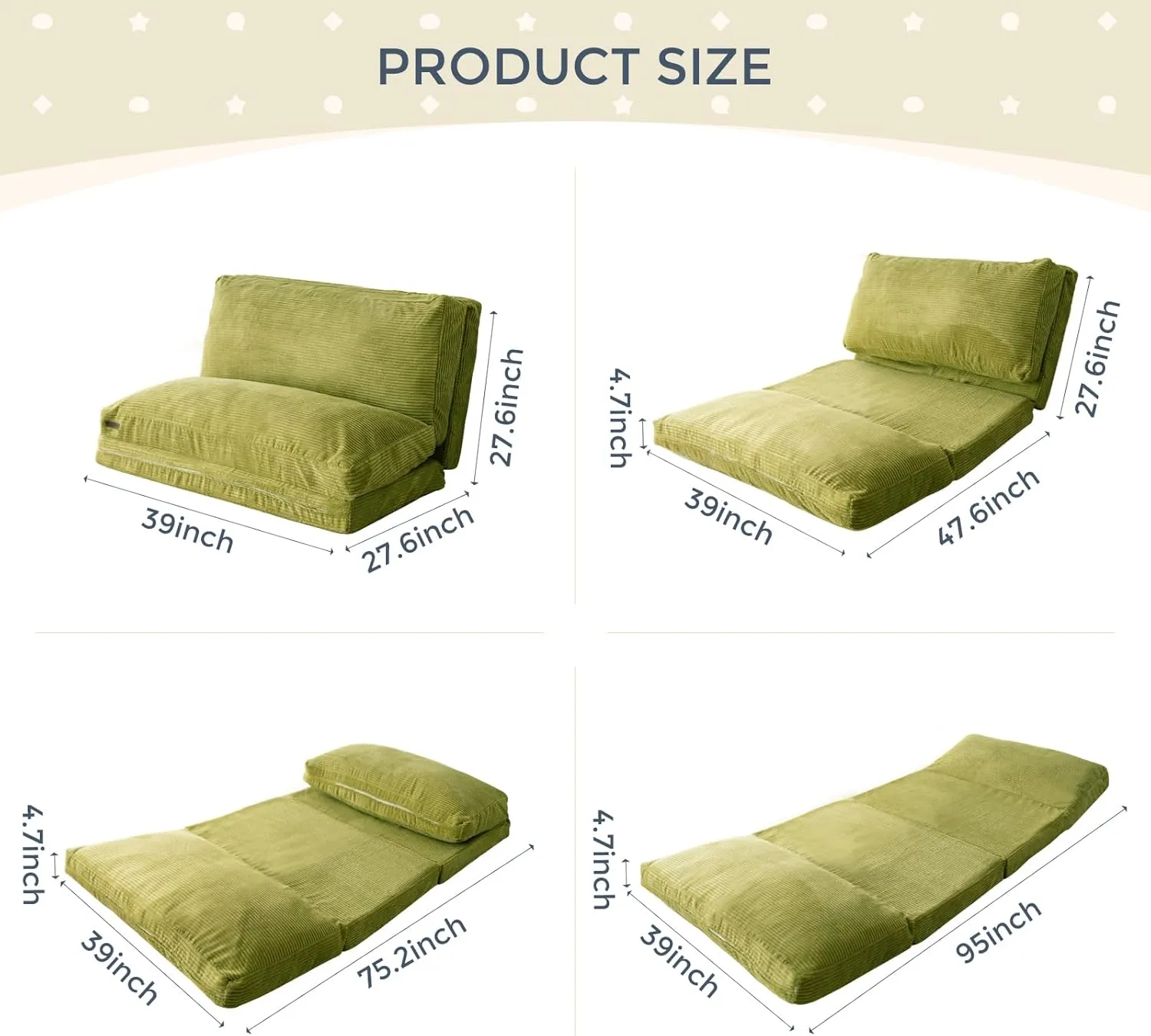 MAXYOYO Bean Bag Bed Folding Sofa Bed Floor Mattress for Adults, Extra Thick and Long Floor Sofa with Corded Washable Cover, Green, 39x95 Inch