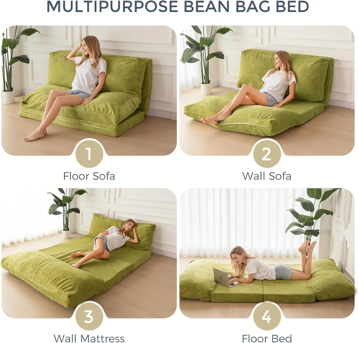 MAXYOYO Bean Bag Bed Folding Sofa Bed Floor Mattress for Adults, Extra Thick and Long Floor Sofa with Corded Washable Cover, Green, 39x95 Inch