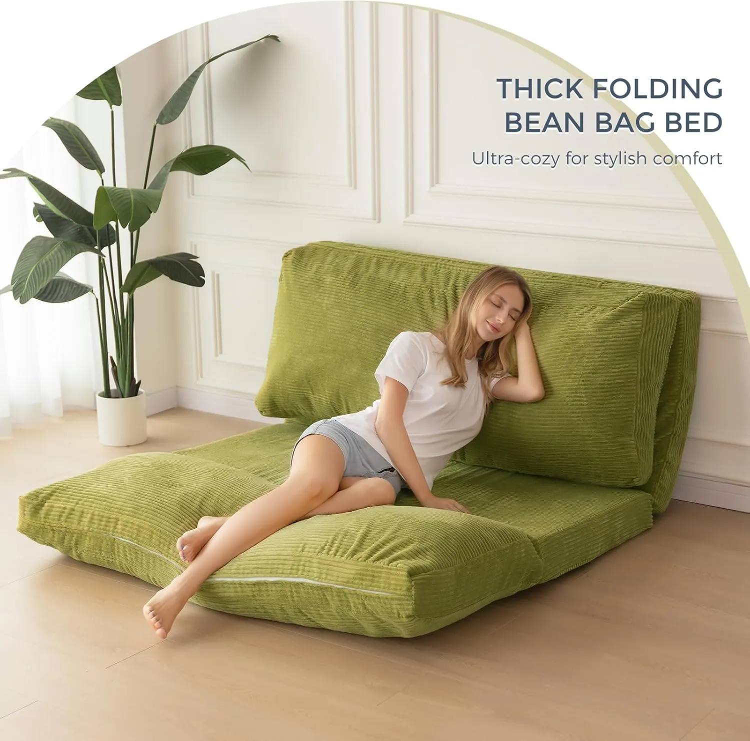 MAXYOYO Bean Bag Bed Folding Sofa Bed Floor Mattress for Adults, Extra Thick and Long Floor Sofa with Corded Washable Cover, Green, 54x95 Inch