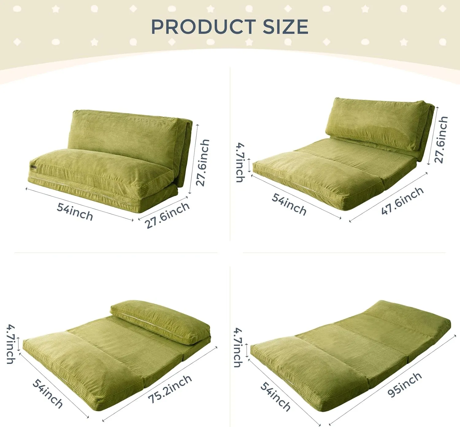 MAXYOYO Bean Bag Bed Folding Sofa Bed Floor Mattress for Adults, Extra Thick and Long Floor Sofa with Corded Washable Cover, Green, 54x95 Inch