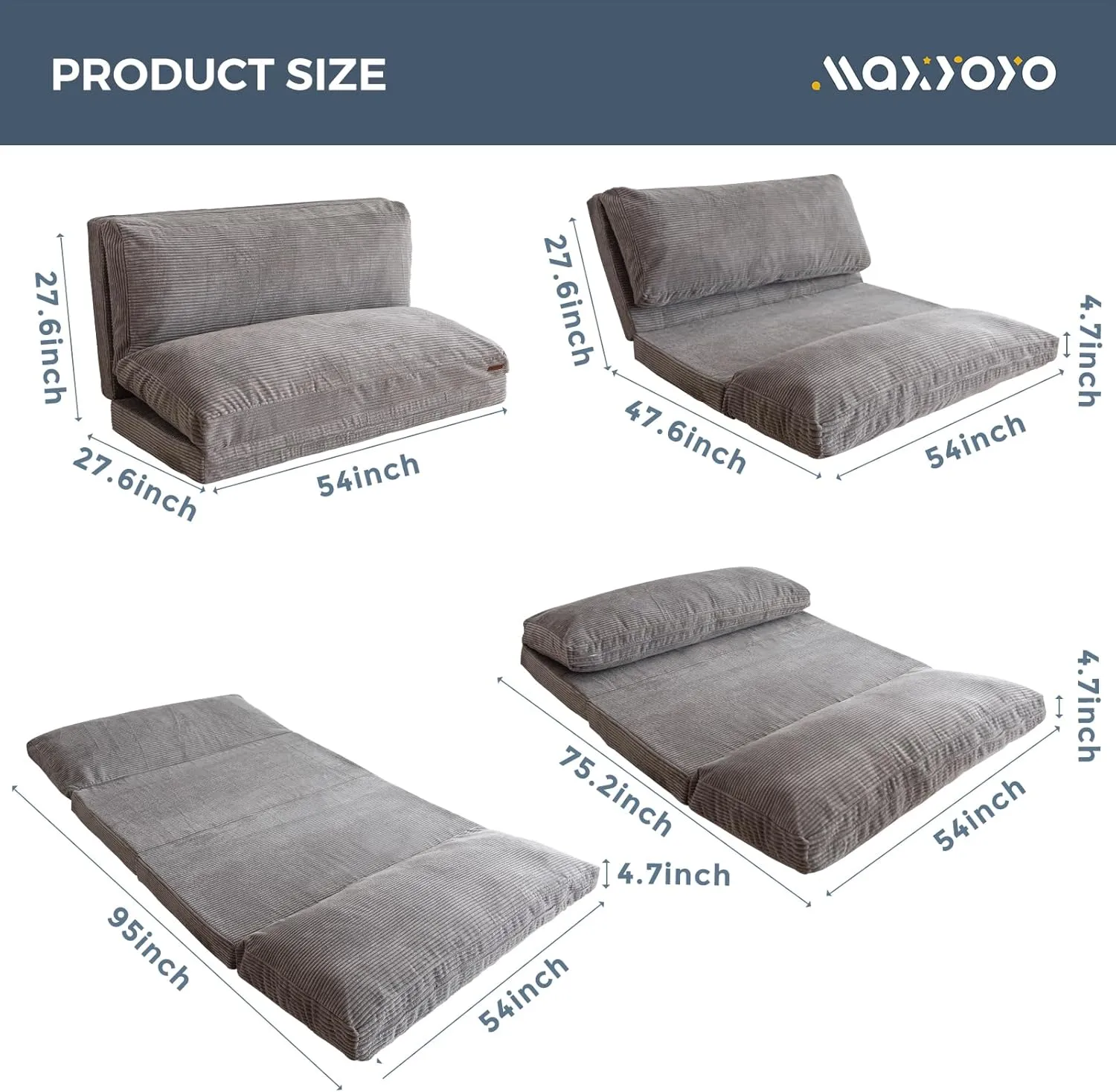 MAXYOYO Bean Bag Bed Folding Sofa Bed Floor Mattress for Adults, Extra Thick and Long Floor Sofa with Corded Washable Cover, Grey, 54x95 Inch
