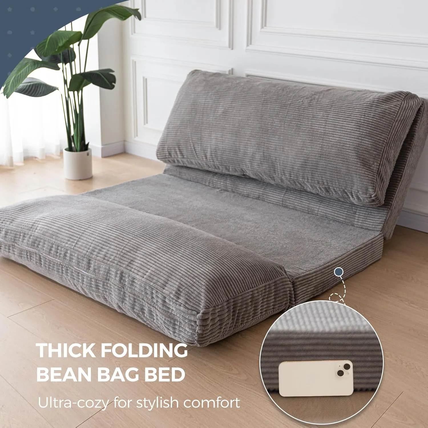 MAXYOYO Bean Bag Bed Folding Sofa Bed Floor Mattress for Adults, Extra Thick and Long Floor Sofa with Corded Washable Cover, Grey, 54x95 Inch
