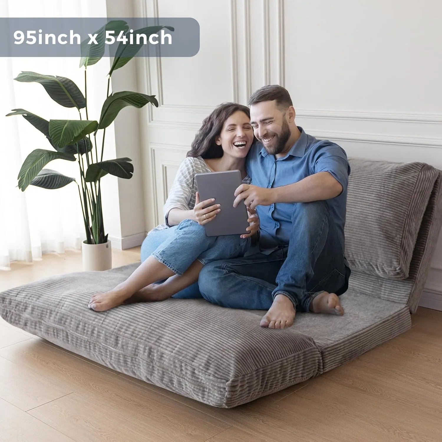 MAXYOYO Bean Bag Bed Folding Sofa Bed Floor Mattress for Adults, Extra Thick and Long Floor Sofa with Corded Washable Cover, Grey, 54x95 Inch
