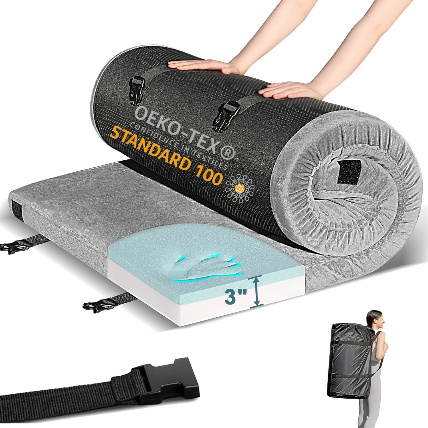 Memory Foam Camping Mattress Pad, CertiPUR-US Waterproof Portable Roll Up Mattress for Adults, Thick Floor Sleeping Mat Pad for Car Truck Tent with Travel Bag