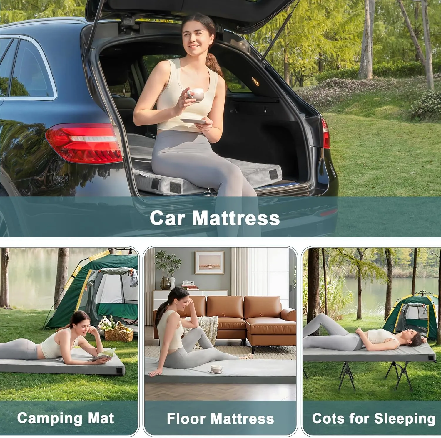 Memory Foam Camping Mattress Pad, CertiPUR-US Waterproof Portable Roll Up Mattress for Adults, Thick Floor Sleeping Mat Pad for Car Truck Tent with Travel Bag