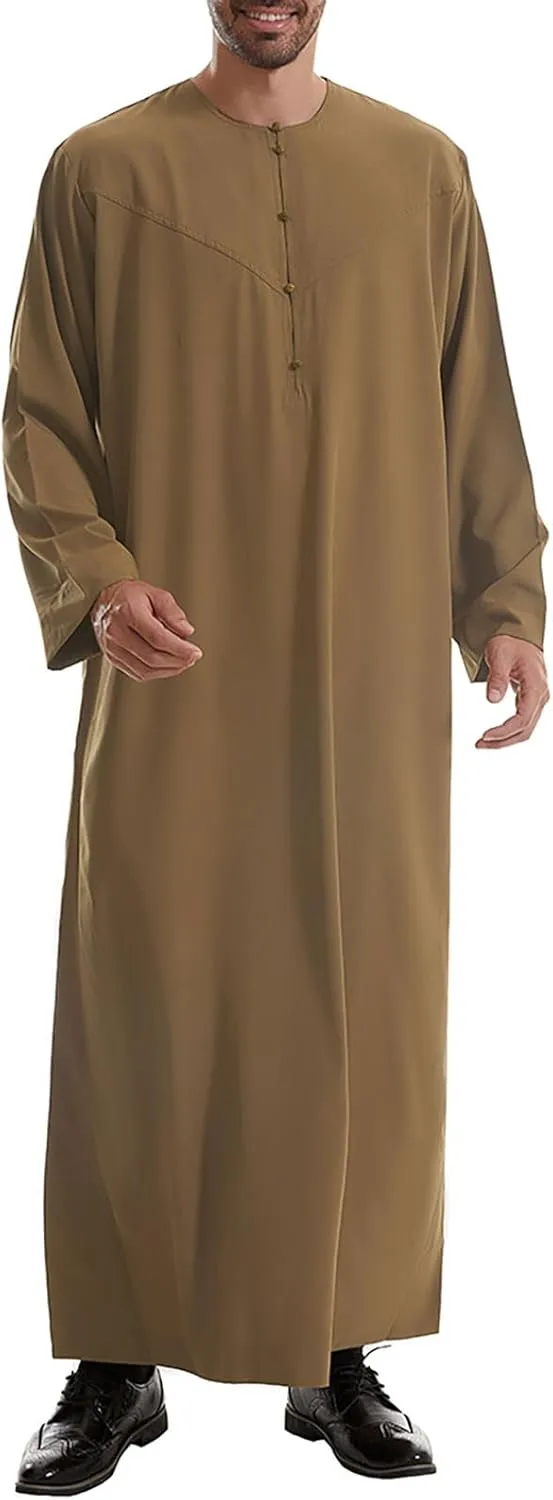 Men's Kaftan Thobe Long Sleeve Muslim Robe Button down Dubai Formal Outfits Arab Thobe Men Caftan Gown with Pockets