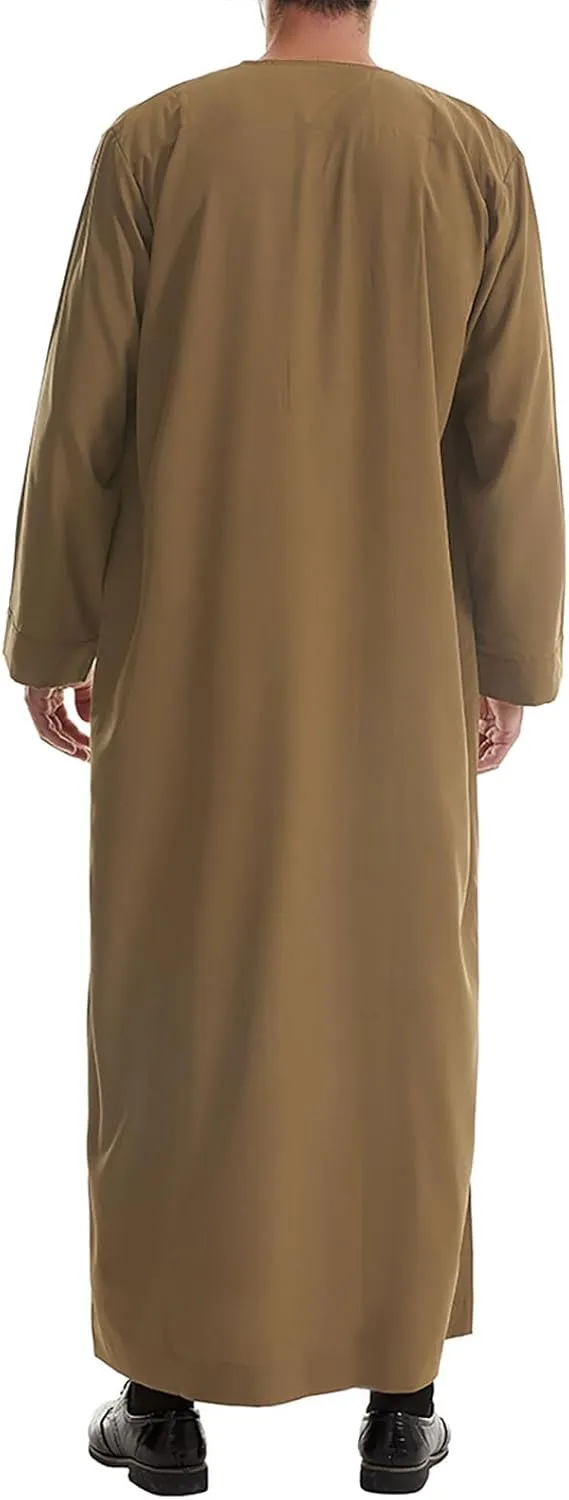 Men's Kaftan Thobe Long Sleeve Muslim Robe Button down Dubai Formal Outfits Arab Thobe Men Caftan Gown with Pockets
