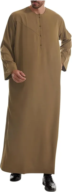 Men's Kaftan Thobe Long Sleeve Muslim Robe Button down Dubai Formal Outfits Arab Thobe Men Caftan Gown with Pockets