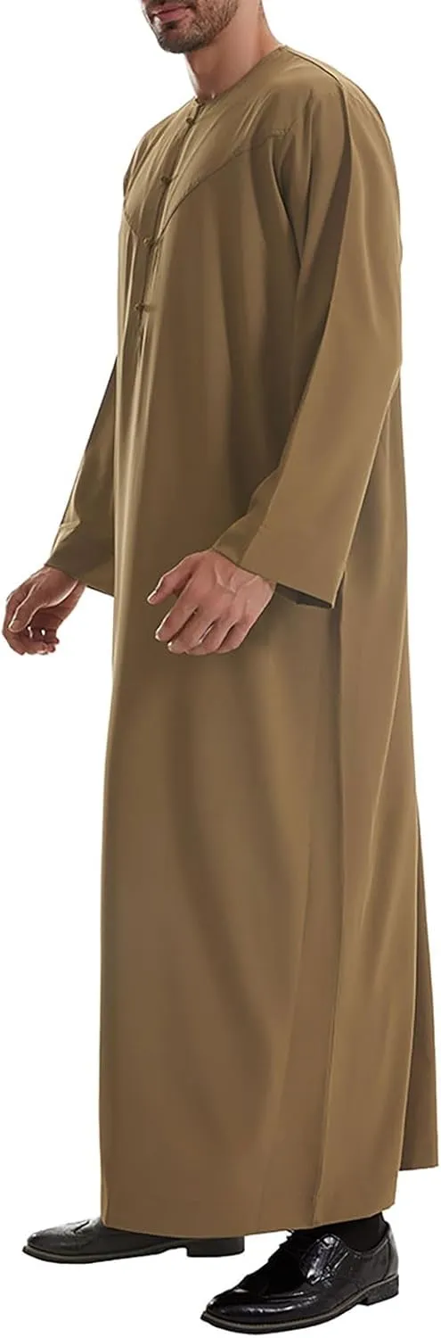 Men's Kaftan Thobe Long Sleeve Muslim Robe Button down Dubai Formal Outfits Arab Thobe Men Caftan Gown with Pockets