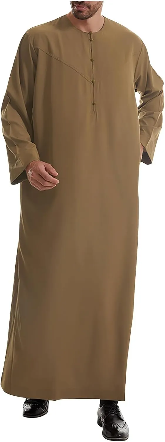 Men's Kaftan Thobe Long Sleeve Muslim Robe Button down Dubai Formal Outfits Arab Thobe Men Caftan Gown with Pockets