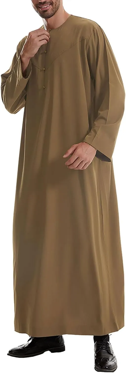Men's Kaftan Thobe Long Sleeve Muslim Robe Button down Dubai Formal Outfits Arab Thobe Men Caftan Gown with Pockets