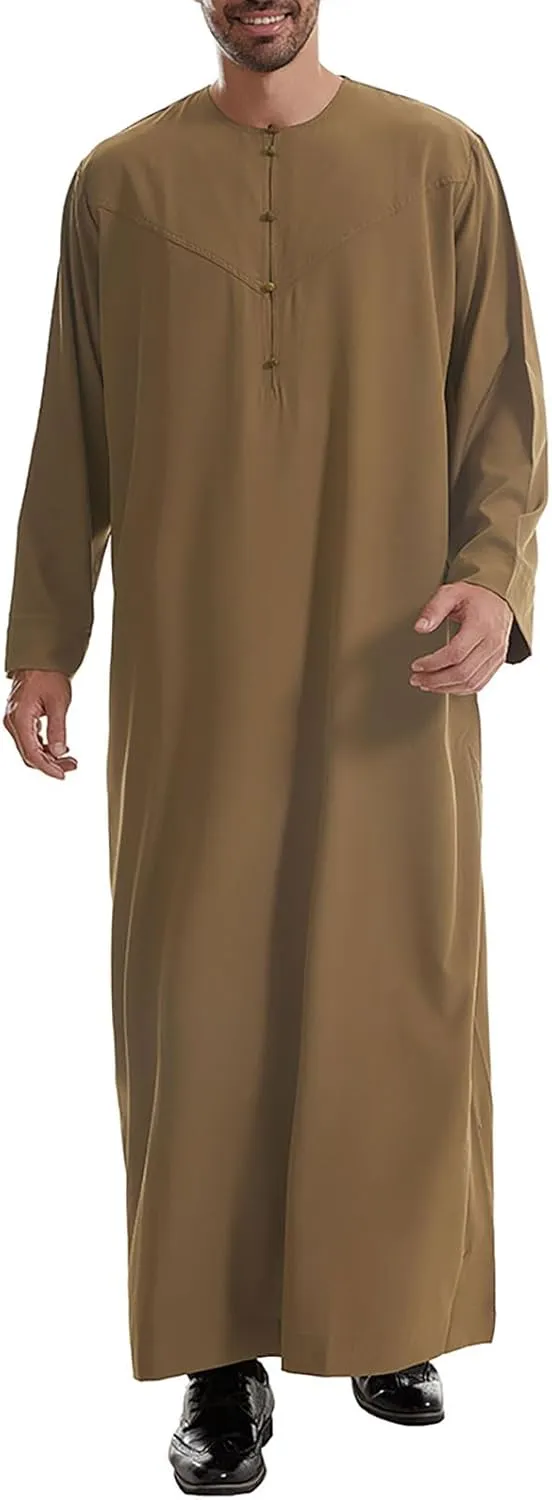 Men's Kaftan Thobe Long Sleeve Muslim Robe Button down Dubai Formal Outfits Arab Thobe Men Caftan Gown with Pockets