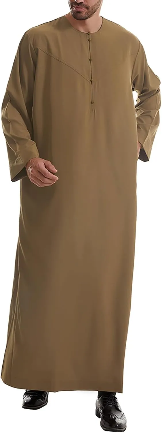 Men's Kaftan Thobe Long Sleeve Muslim Robe Button down Dubai Formal Outfits Arab Thobe Men Caftan Gown with Pockets