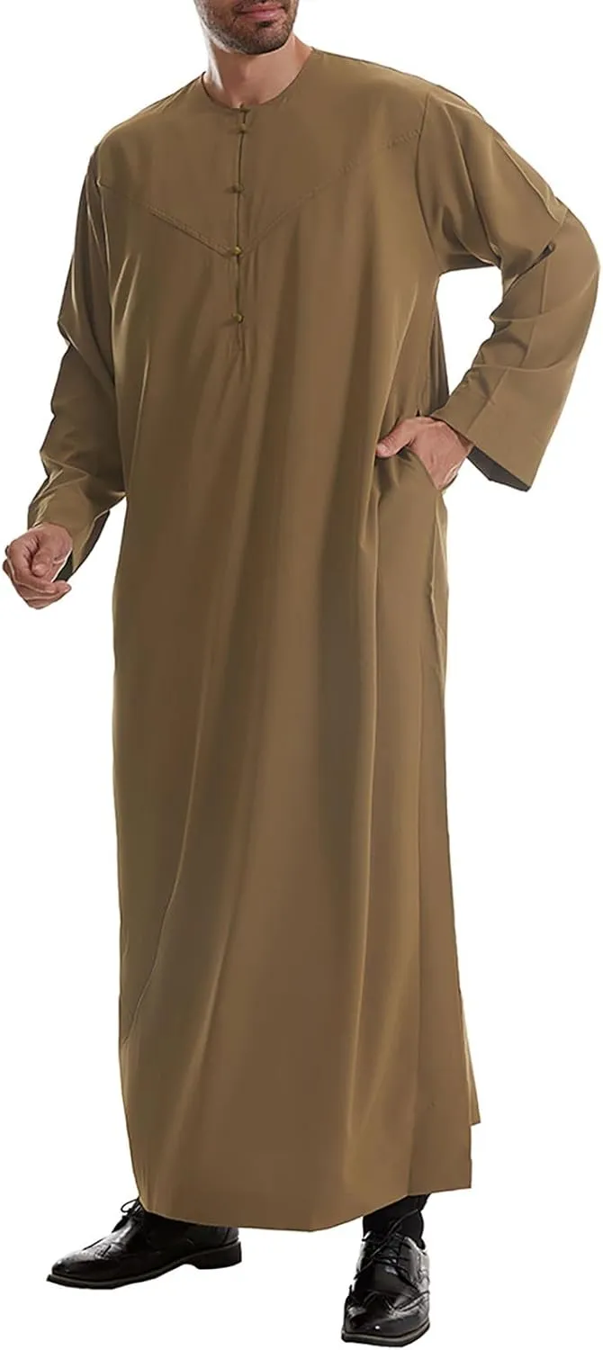Men's Kaftan Thobe Long Sleeve Muslim Robe Button down Dubai Formal Outfits Arab Thobe Men Caftan Gown with Pockets