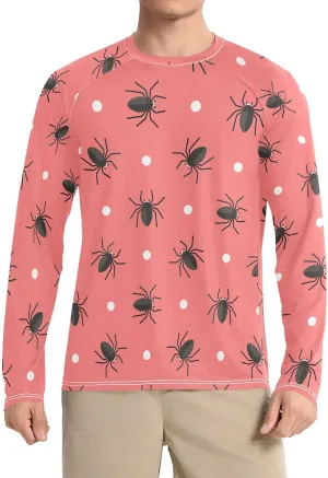 Mens Long Sleeve Rash Guard UPF 50  Sun Protection Quick Dry Spiders Circles Red Background Fishing Hiking Swim Shirt