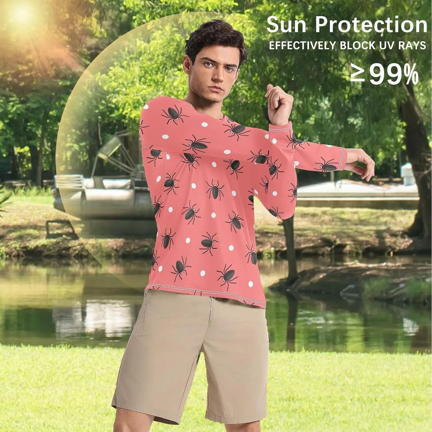 Mens Long Sleeve Rash Guard UPF 50  Sun Protection Quick Dry Spiders Circles Red Background Fishing Hiking Swim Shirt