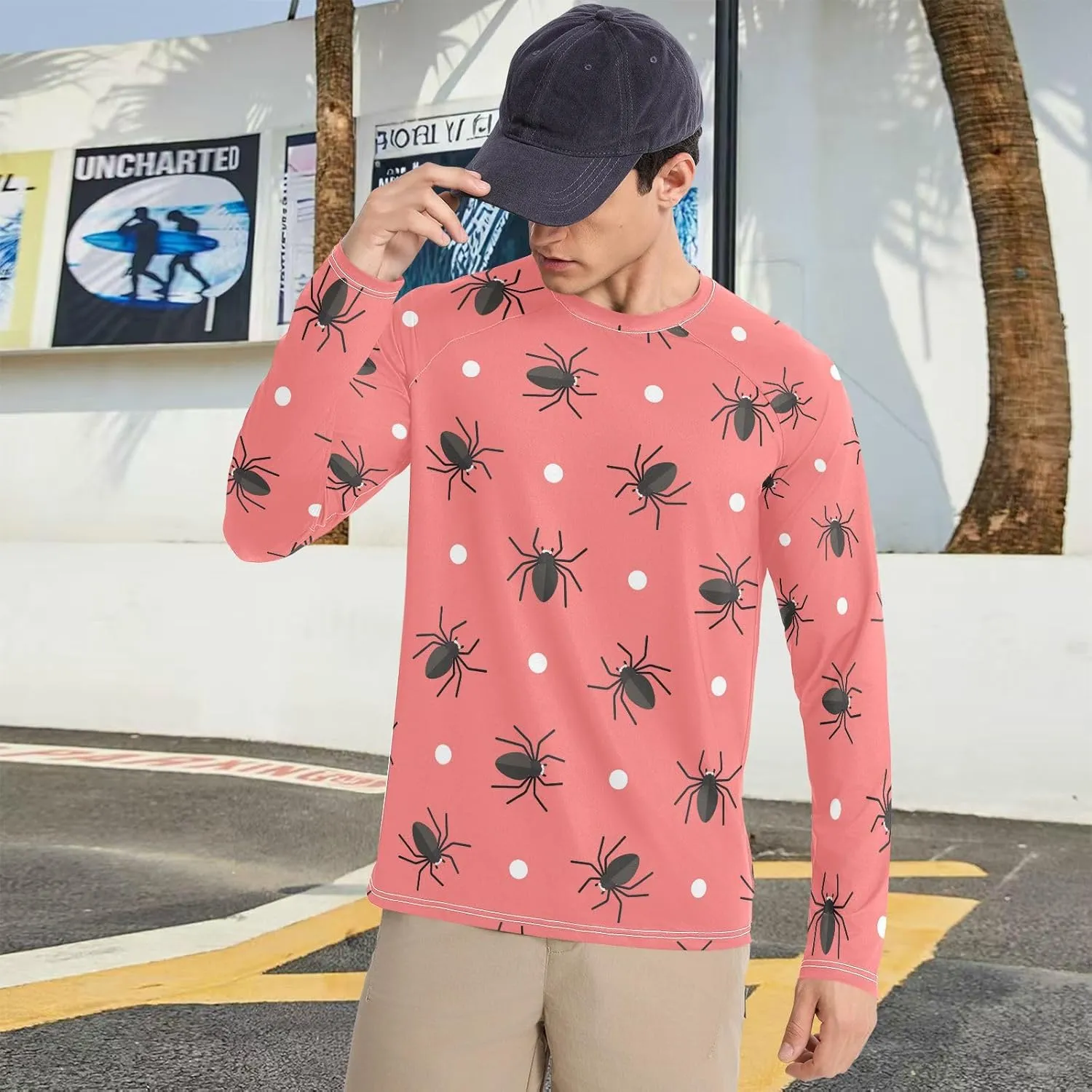 Mens Long Sleeve Rash Guard UPF 50  Sun Protection Quick Dry Spiders Circles Red Background Fishing Hiking Swim Shirt