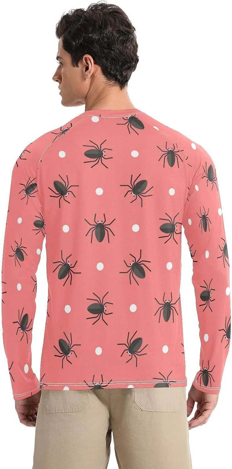 Mens Long Sleeve Rash Guard UPF 50  Sun Protection Quick Dry Spiders Circles Red Background Fishing Hiking Swim Shirt
