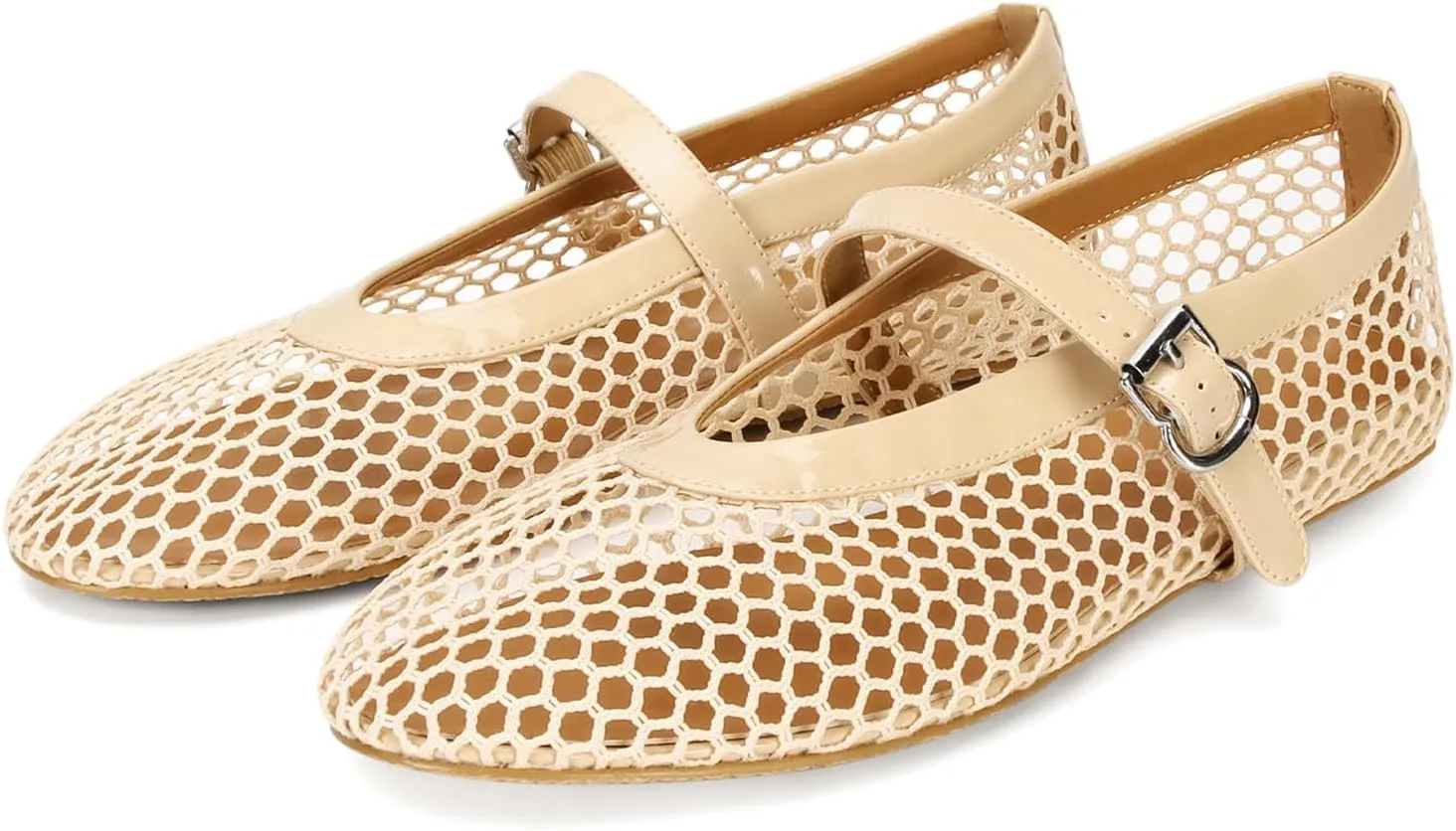 Mesh Ballet Flats for Women Buckle Strap Comfy Casual Office Fishnet Ballerina Flat Shoes