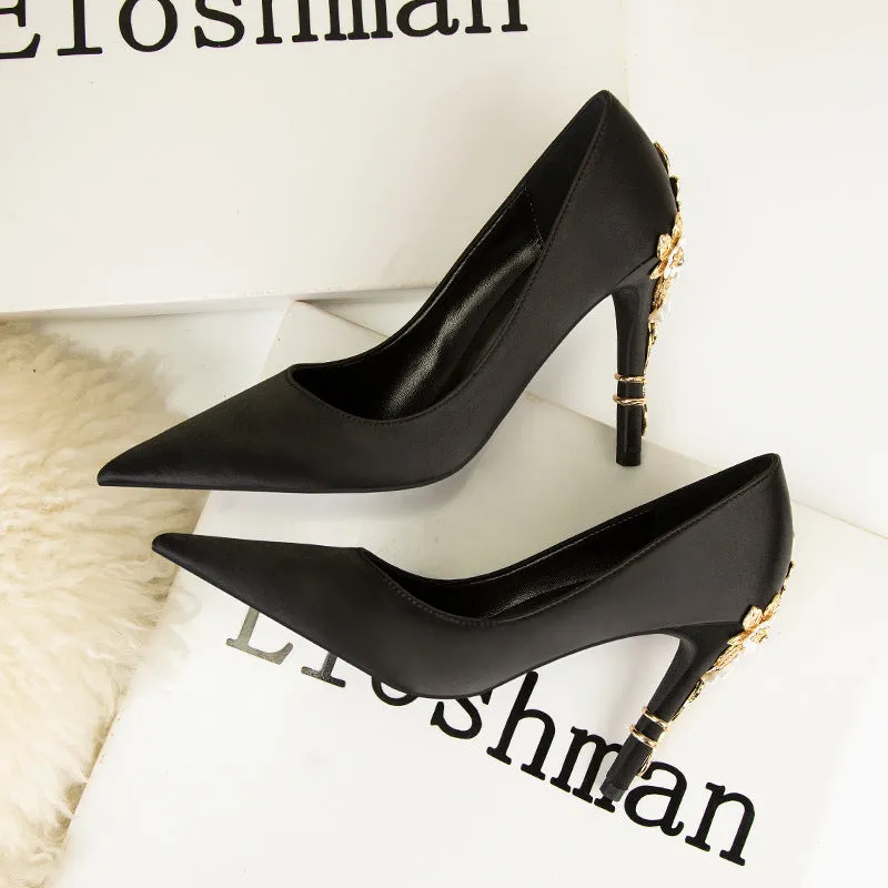 Metal Flower Pointed Satin Stiletto Wedding Shoes