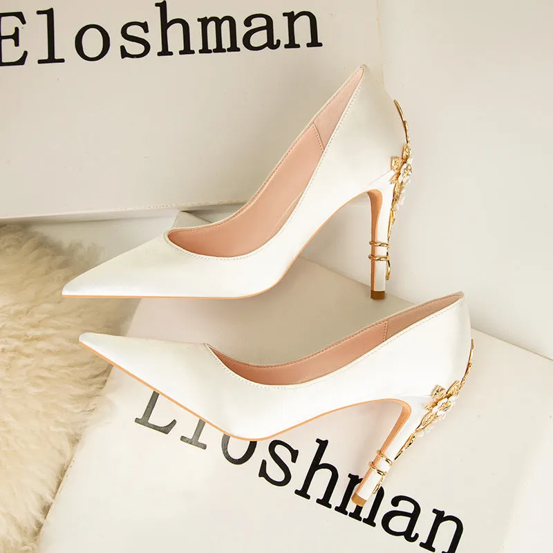Metal Flower Pointed Satin Stiletto Wedding Shoes