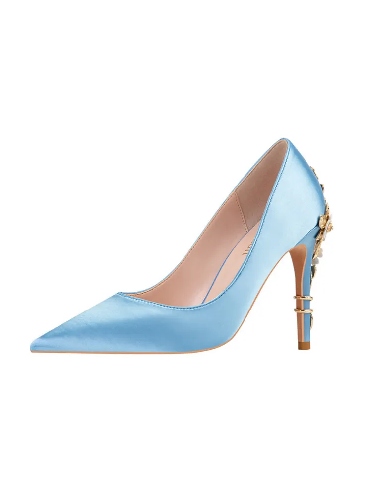 Metal Flower Pointed Satin Stiletto Wedding Shoes