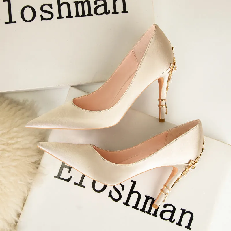 Metal Flower Pointed Satin Stiletto Wedding Shoes