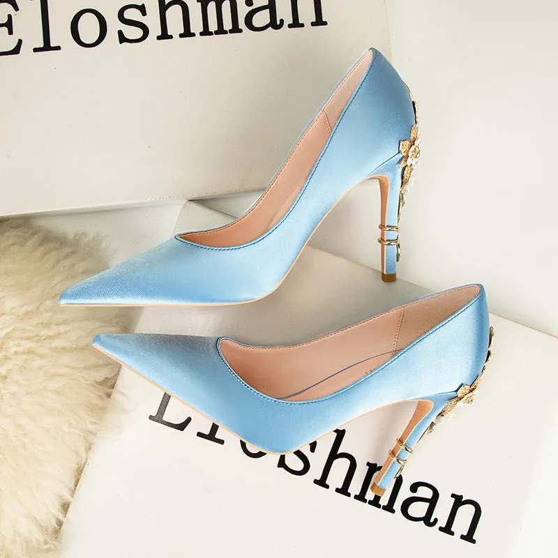 Metal Flower Pointed Satin Stiletto Wedding Shoes