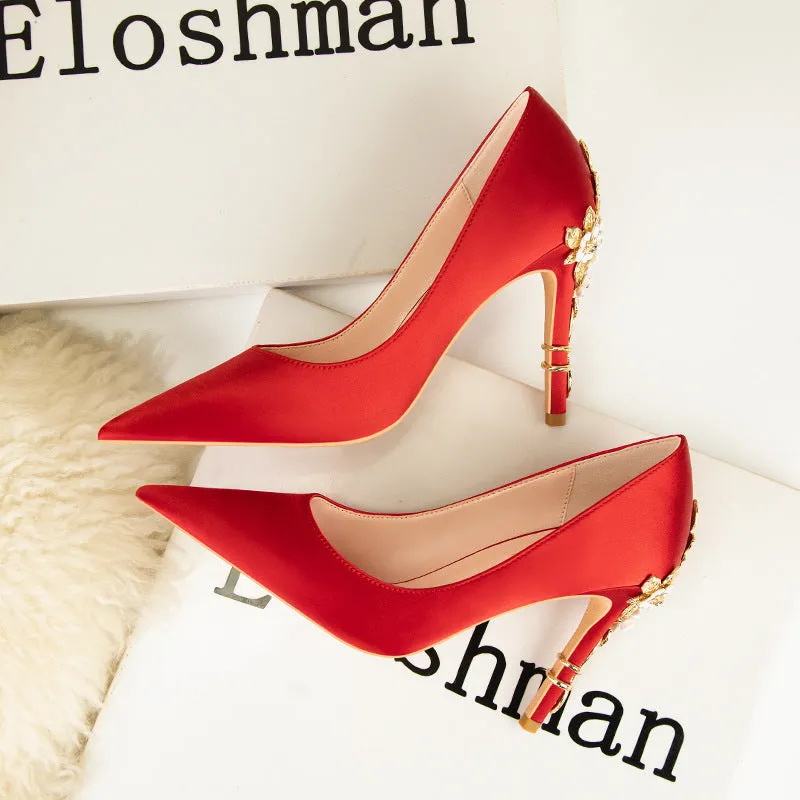 Metal Flower Pointed Satin Stiletto Wedding Shoes