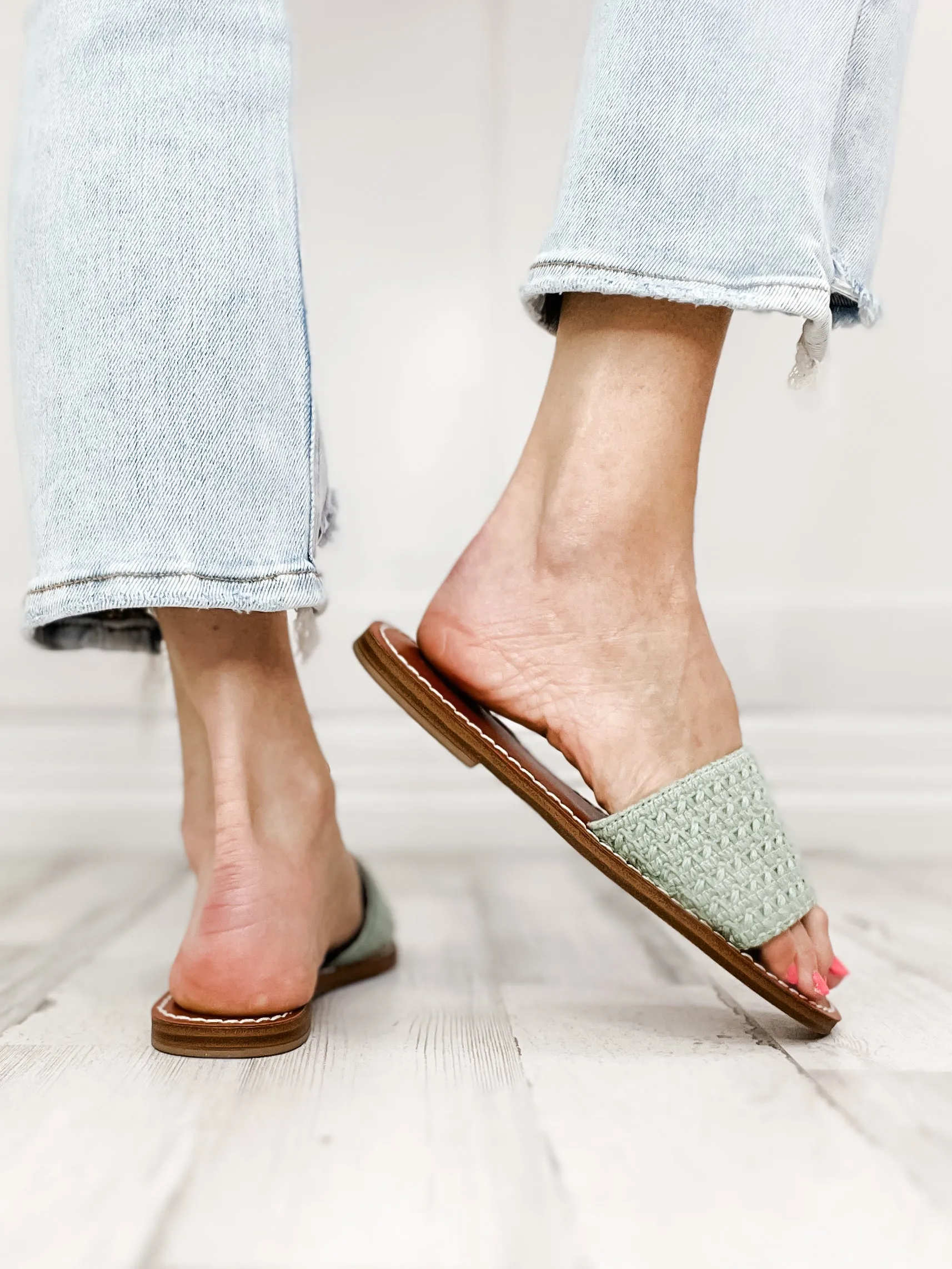 MIA Vix Slip-On Sandals in Sage Crochet