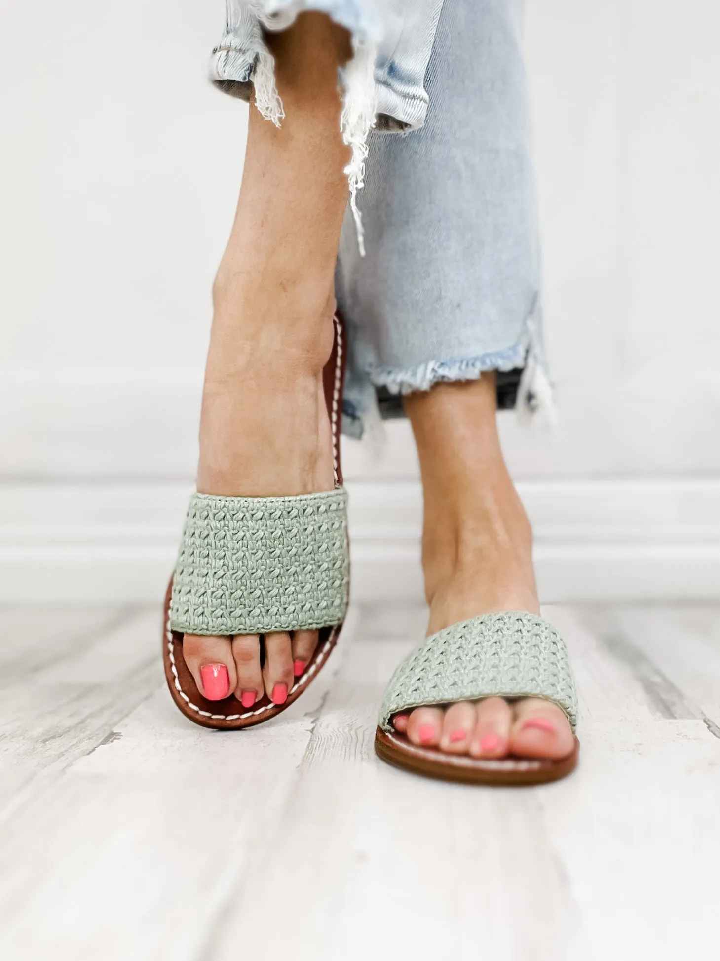 MIA Vix Slip-On Sandals in Sage Crochet