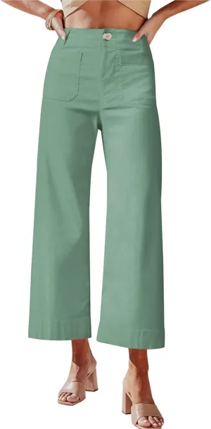 miduo Womens High Waisted Cropped Wide Leg Stretchy Straight Pants Trousers with Pockets