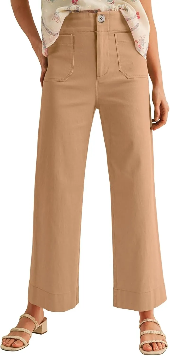 miduo Womens High Waisted Cropped Wide Leg Stretchy Straight Pants Trousers with Pockets