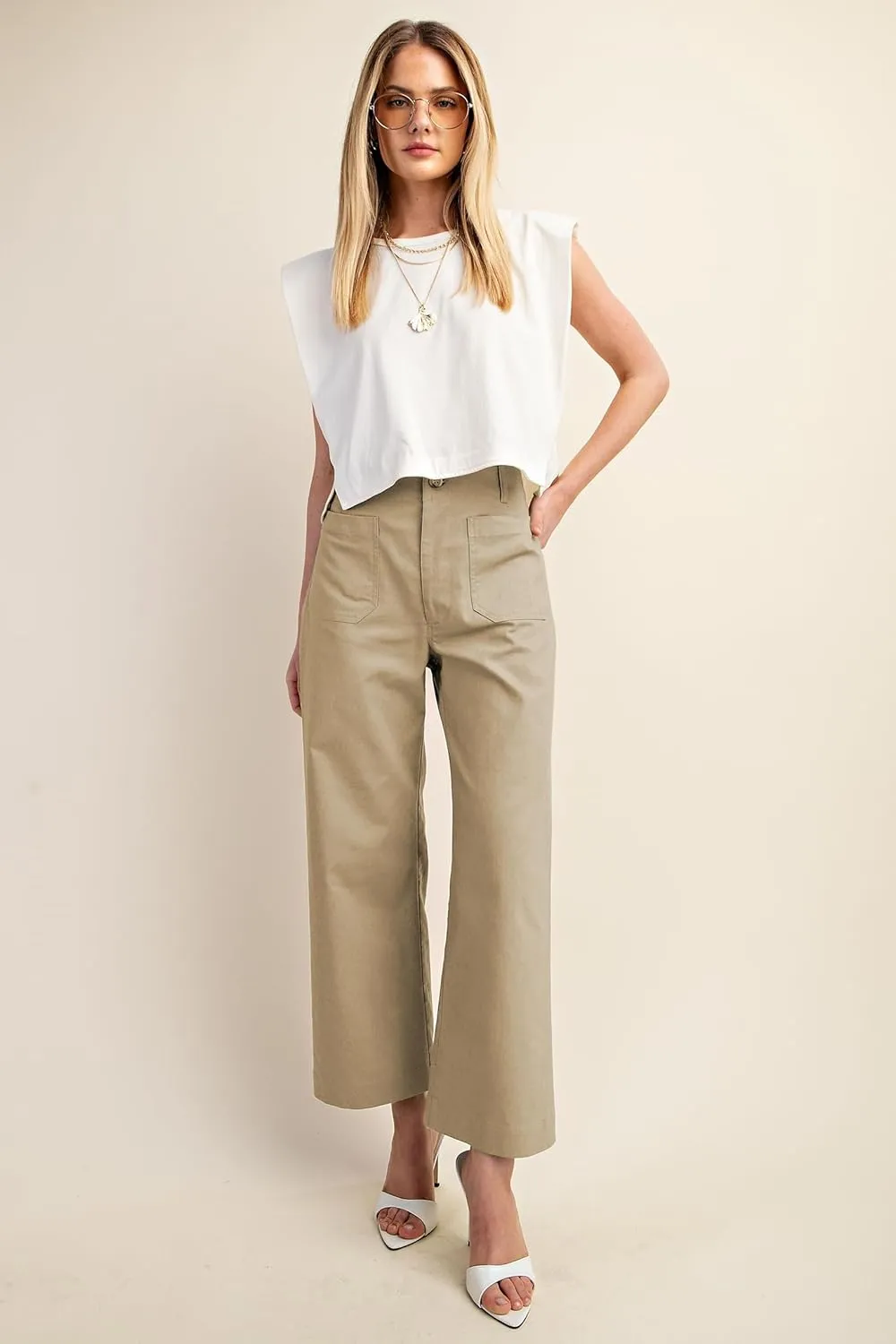 miduo Womens High Waisted Cropped Wide Leg Stretchy Straight Pants Trousers with Pockets
