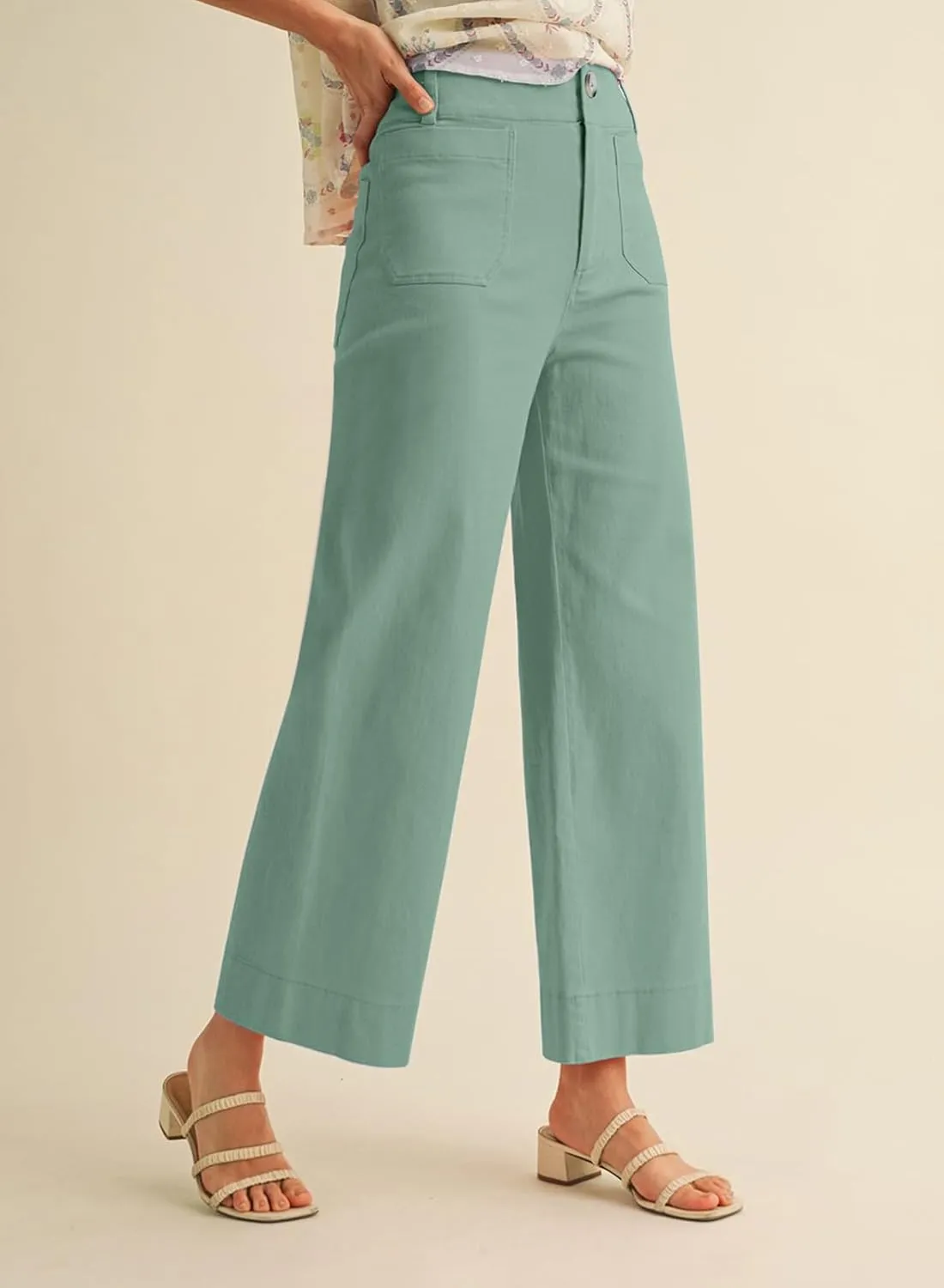 miduo Womens High Waisted Cropped Wide Leg Stretchy Straight Pants Trousers with Pockets