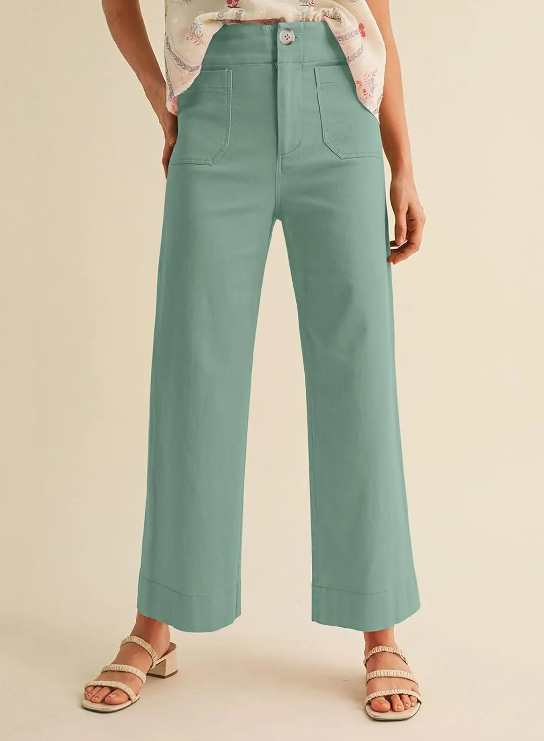 miduo Womens High Waisted Cropped Wide Leg Stretchy Straight Pants Trousers with Pockets