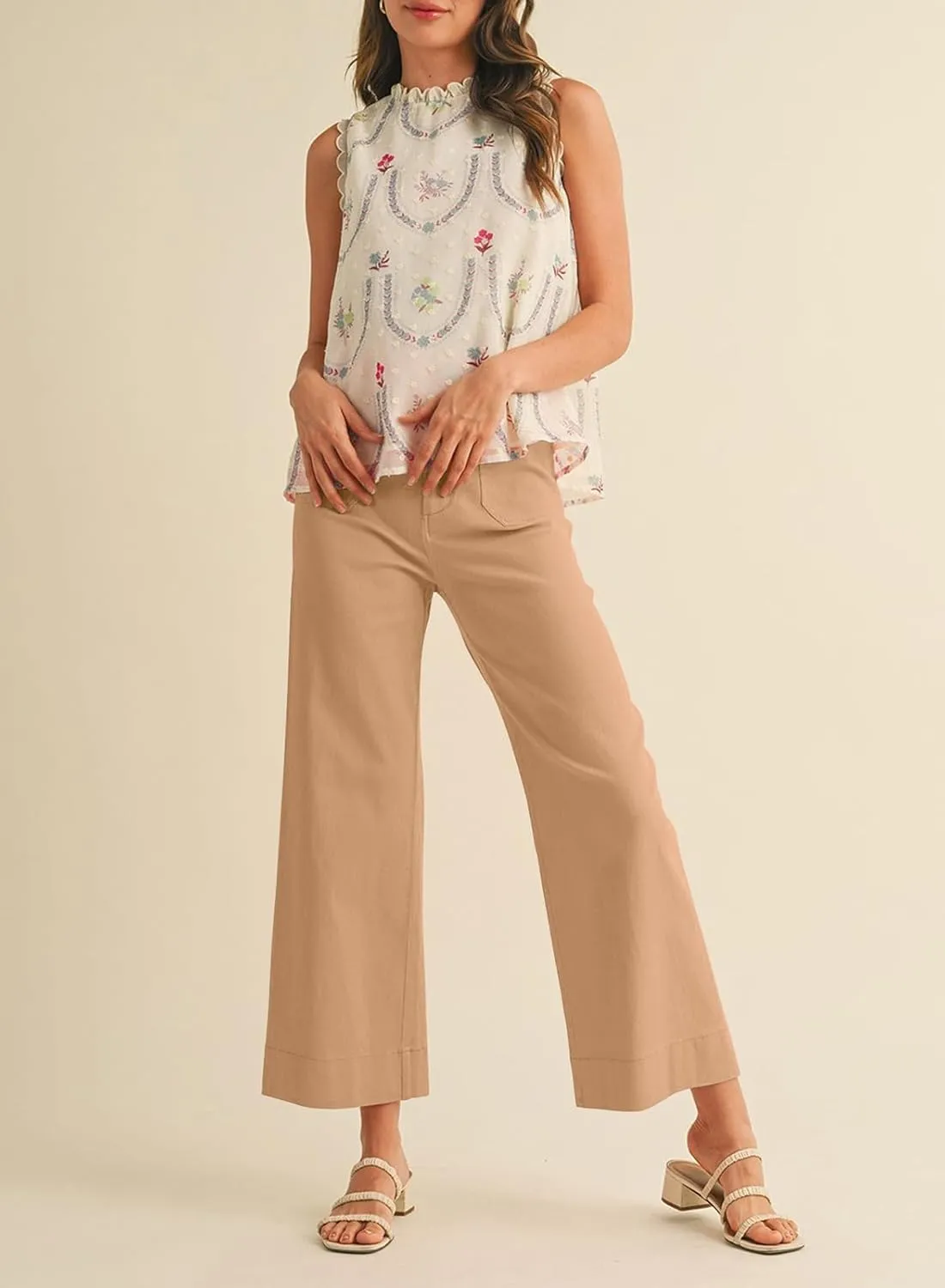 miduo Womens High Waisted Cropped Wide Leg Stretchy Straight Pants Trousers with Pockets
