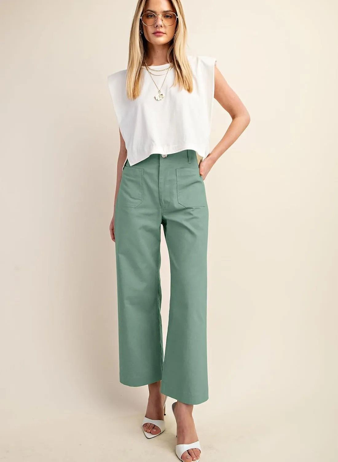 miduo Womens High Waisted Cropped Wide Leg Stretchy Straight Pants Trousers with Pockets