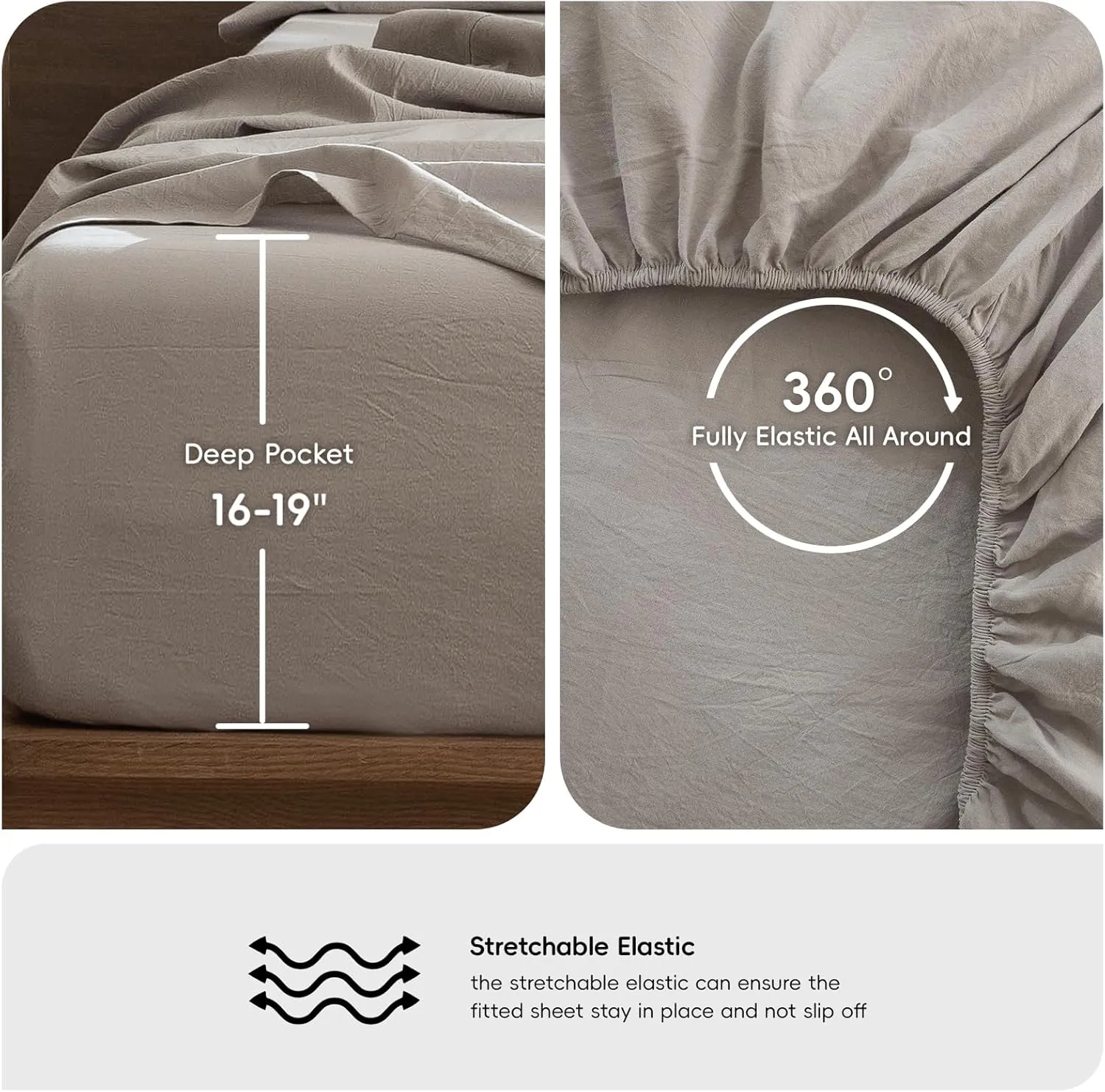 MooMee Bedding Sheet Set 100% Washed Cotton Linen Like Textured Breathable Durable Soft Comfy (Heathered Cream Grey, Queen)