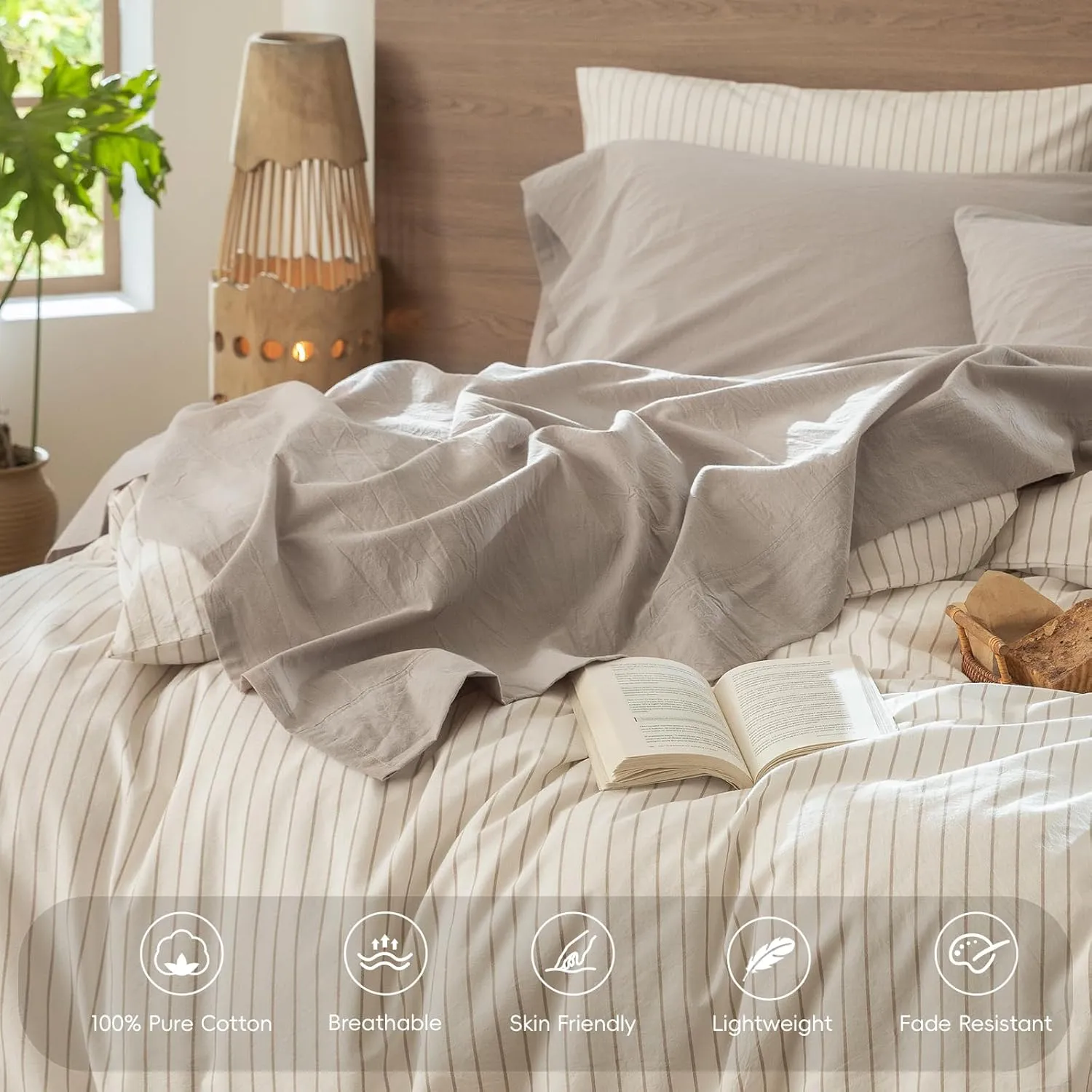 MooMee Bedding Sheet Set 100% Washed Cotton Linen Like Textured Breathable Durable Soft Comfy (Heathered Cream Grey, Queen)