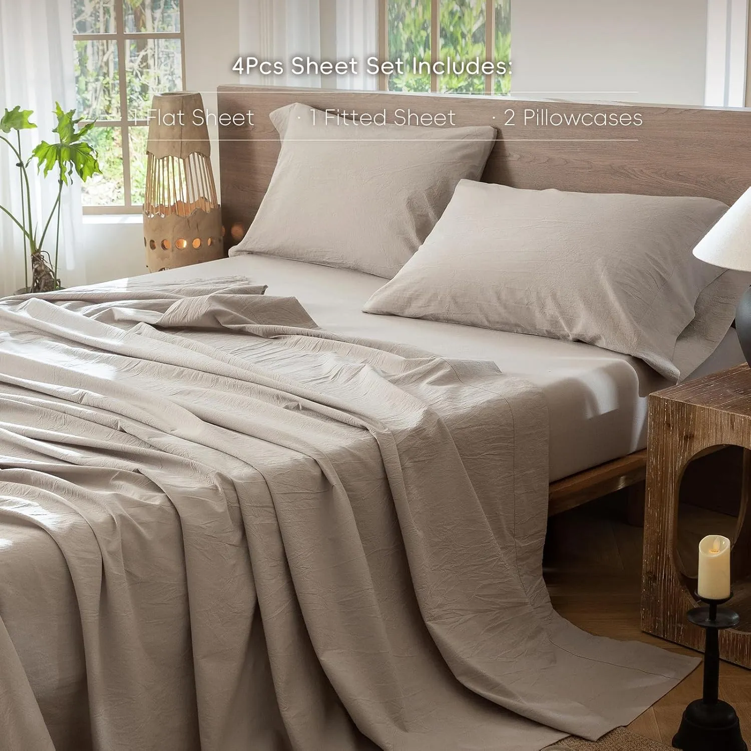 MooMee Bedding Sheet Set 100% Washed Cotton Linen Like Textured Breathable Durable Soft Comfy (Heathered Cream Grey, Queen)