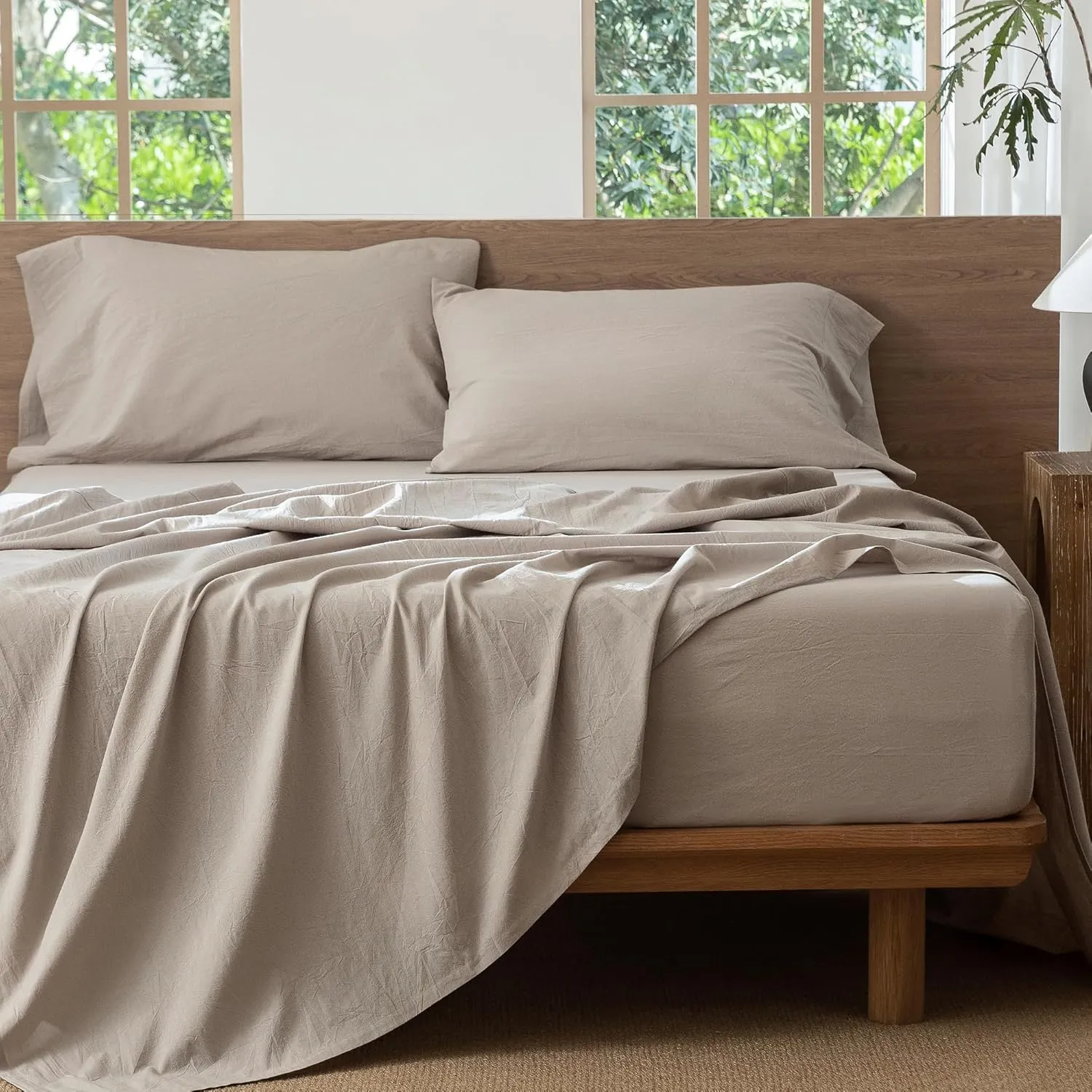 MooMee Bedding Sheet Set 100% Washed Cotton Linen Like Textured Breathable Durable Soft Comfy (Heathered Cream Grey, Queen)