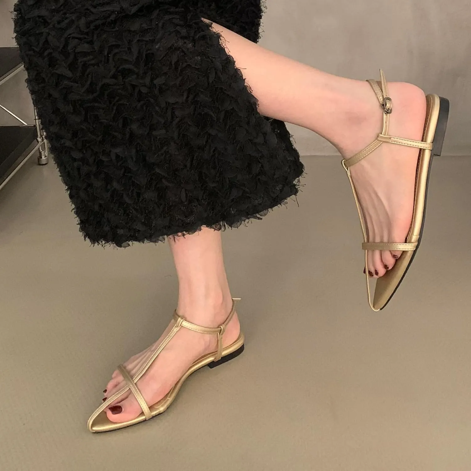 Mtzyoa Women Flat Sandals Pointed Toe Ladies Summer Dressy Casual Vacation Bohemian Cute Leather Beach Comfy Slip On Slides